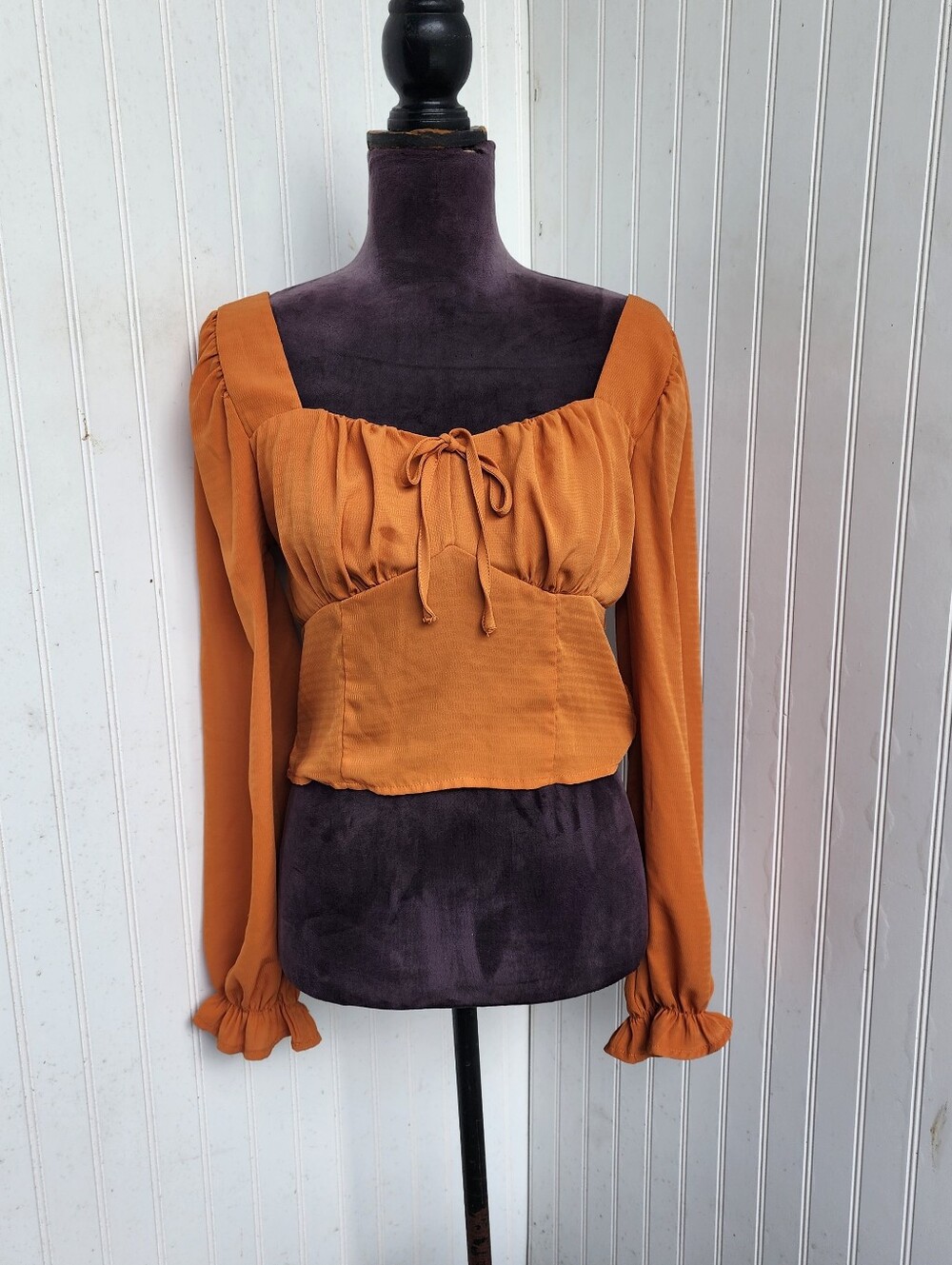 Haute Monde Womens Juliet Midriff  Puff Sleeve Top Tan Light Brown Smocked M